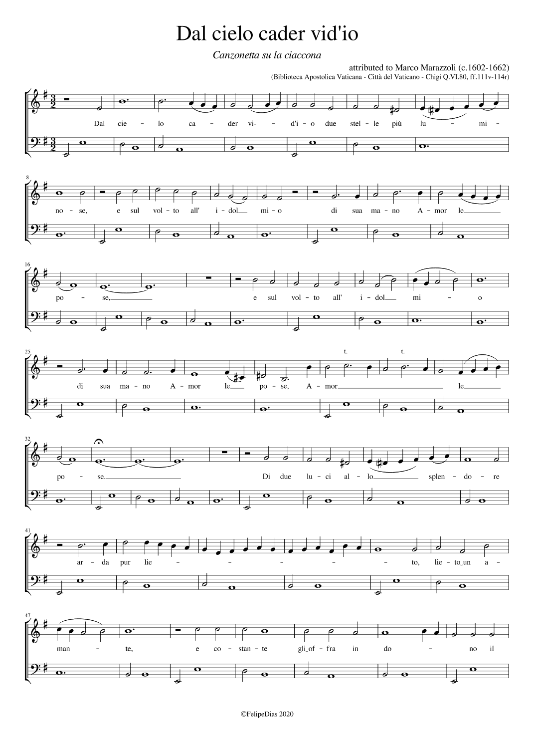 Dal cielo cader vid'io due stelle (E minor) (arr. Early Music Scores)