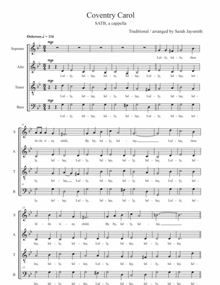 Coventry Carol (SATB, a cappella) arranged by Sarah Jaysmith (Traditional English carol) (arr. Sarah Jaysmith)