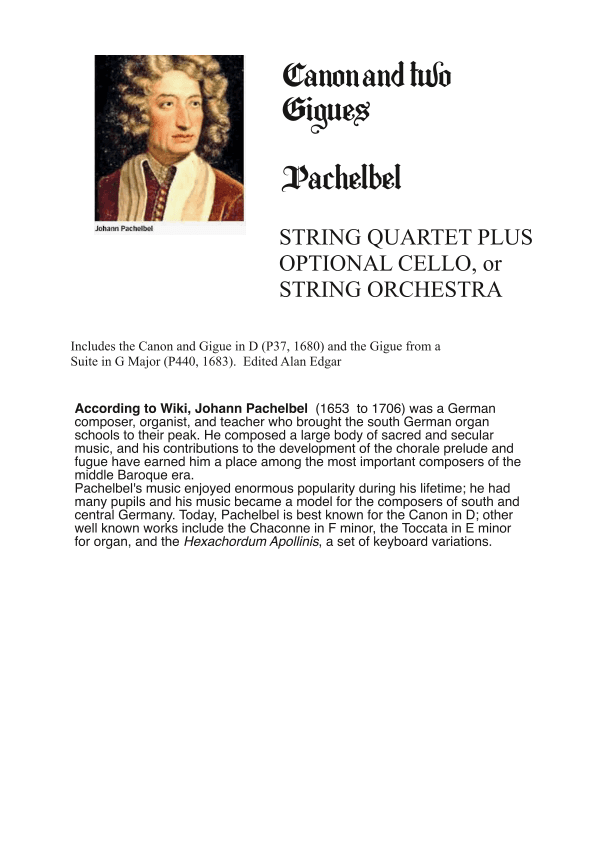 CANON IN D AND TWO GIGUES for String quartet (arr. Alan Edgar)