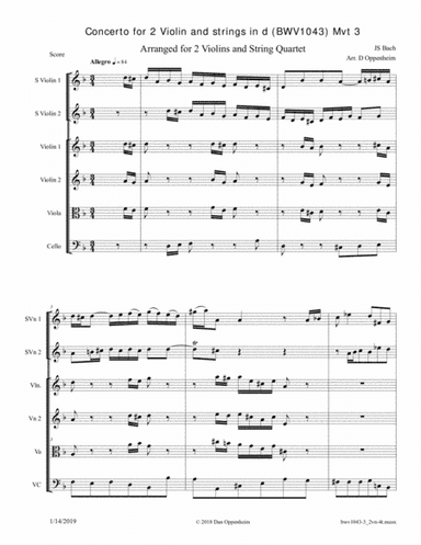 Bach: Concerto for 2 Solo Violins and Orchestra in d BWV 1043 arranged for 2 Violins and String Quar (arr. D Oppenheim)