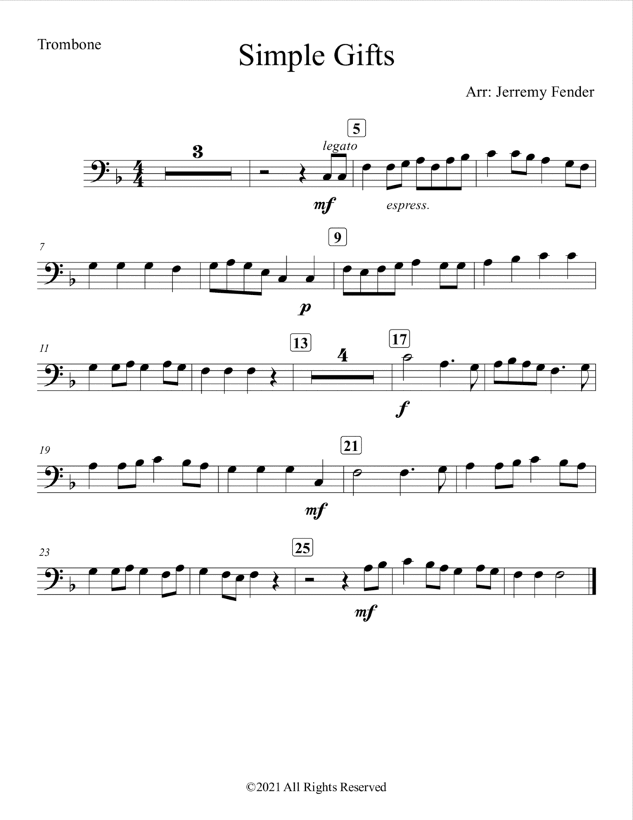 Simple Gifts (Easy) (Trombone and Piano) (arr. Jerremy Fender)