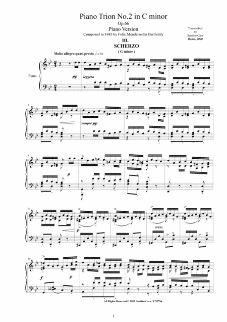 Mendelssohn - Piano Trio No.2 in C minor Op.66, Mov.3 Scherzo (G minor) - Piano solo (arr. Santino Cara)