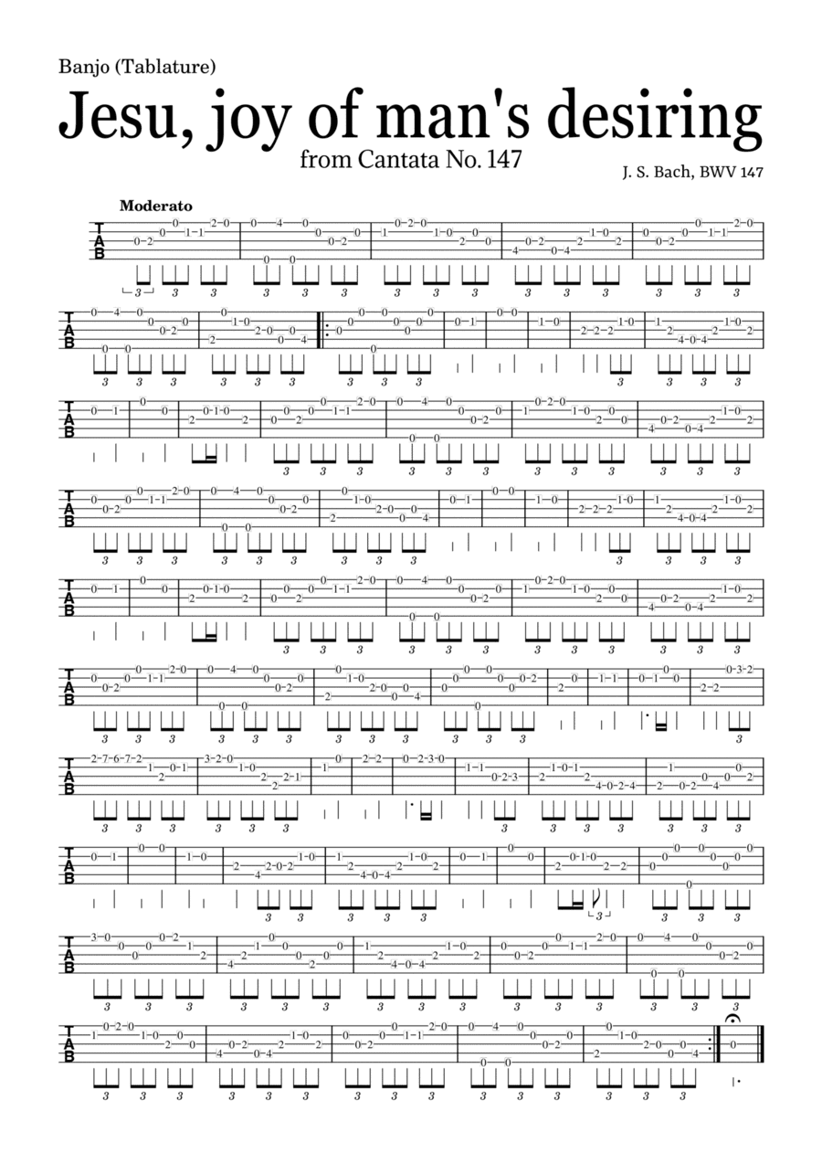 JESU, JOY OF MAN'S DESIRING by Bach - easy version for Banjo (Tablature) and piano with chords (arr. Leyandder Trustworthy)