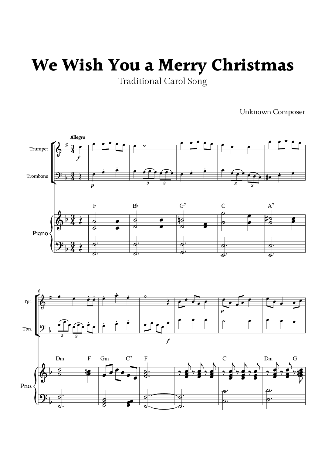 We Wish you a Merry Christmas for Trumpet and Trombone Duet with Piano (arr. Rika K.)