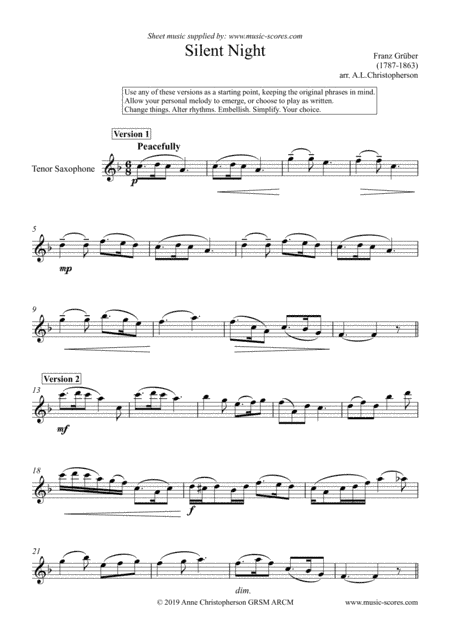 Silent Night - Solo Tenor Saxophone (arr. Anne L Christopherson GRSM ARCM)