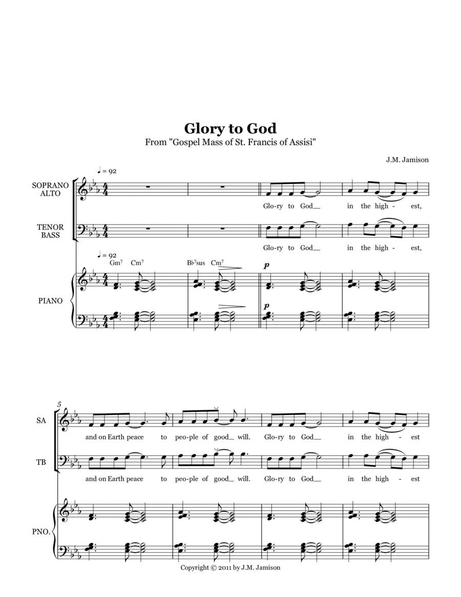 Glory to God for choir and keyboard from "Gospel Mass of St. Francis of Assisi"