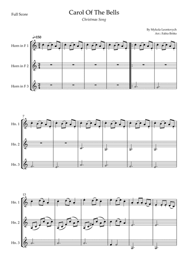 Carol Of The Bells (Christmas Song) for Horn in F Trio (D Minor) (arr. Fabio Britto)