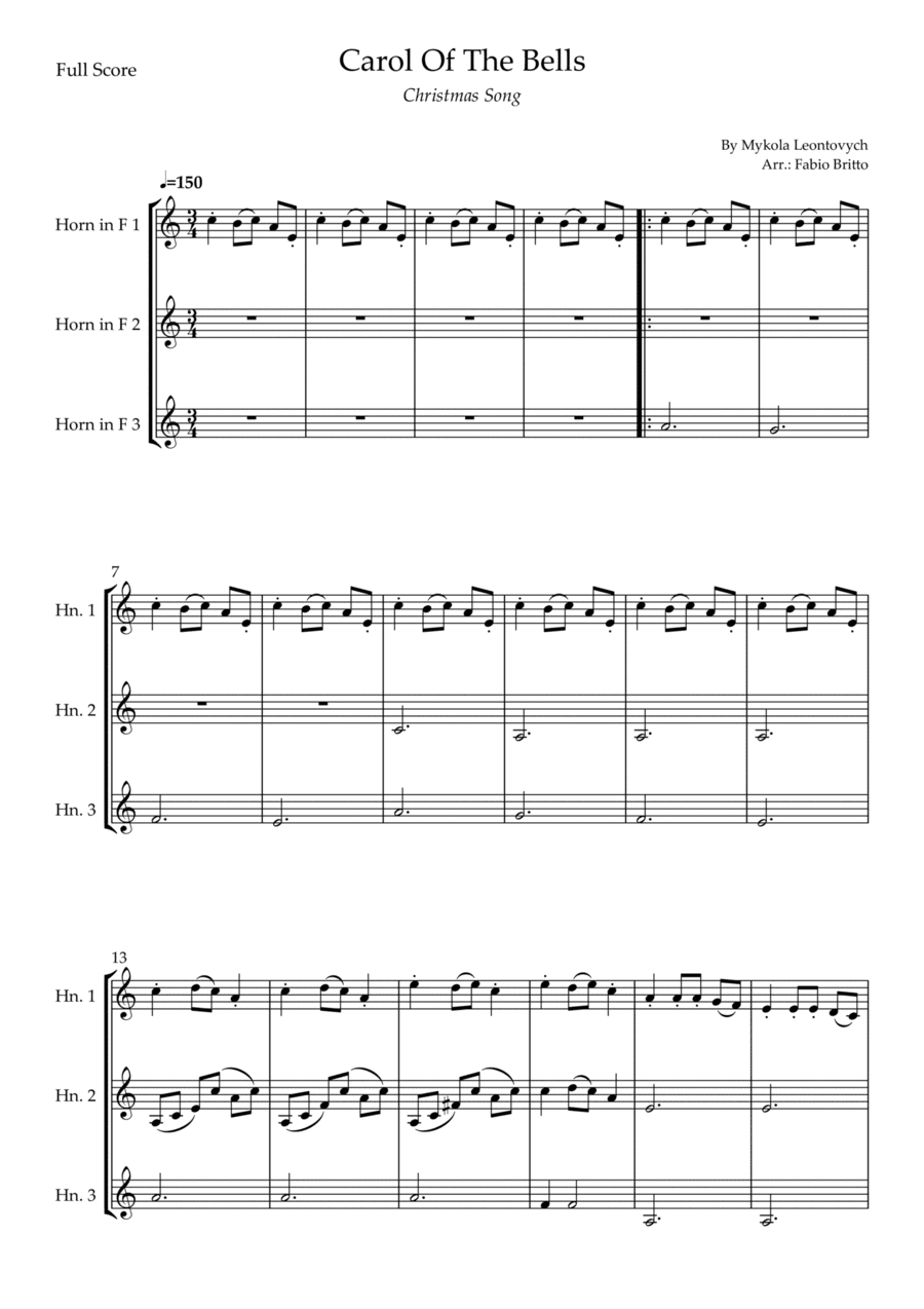 Carol Of The Bells (Christmas Song) for Horn in F Trio (D Minor) (arr. Fabio Britto)