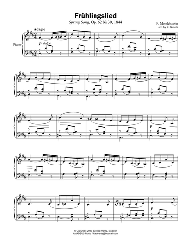 Fruhlingslied, Lieder ohne Worte Op. 62, Spring Song for easy piano solo (arr. K. Krantz)