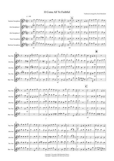 O Come all ye Faithful for Saxophone Quintet (arr. David Burndrett)