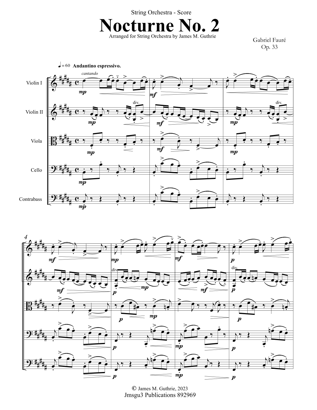 Fauré: Nocturne Op. 33 No. 2 for String Orchestra - Score Only (arr. James M. Guthrie)