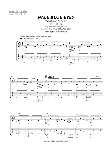 Pale Blue Eyes - May 1965 Demo (arr. Alpin Smart (Transcription for Guitar [TAB]w/chord symbols/lyric sheet)
