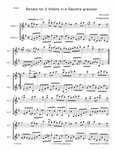 Leclair: Sonata op. 3, Nr. 5 in e, Mvt 2; for 2 Violins (or Violin and Viola). (arr. D Oppenheim)
