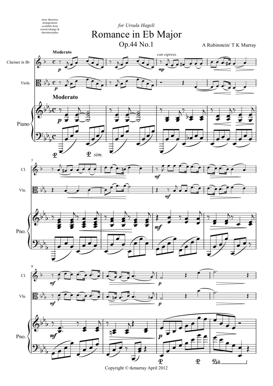 Rubinstein - Romance Op44 No1 - Clarinet, Viola & Piano (arr. Tim TK Murray)