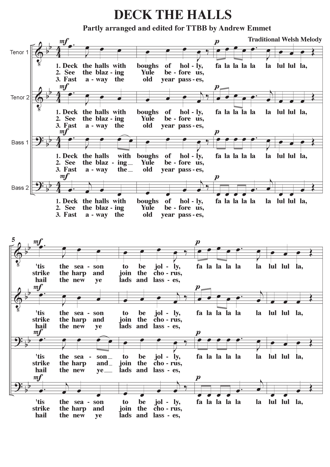 Deck The Halls A Cappella TTBB (arr. Andrew Emmet)