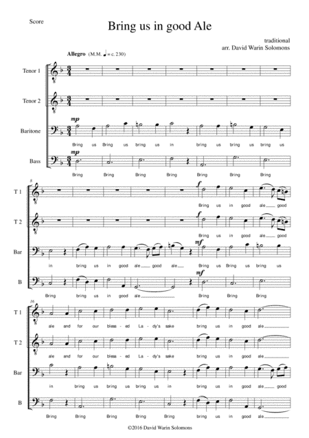 Bring us in good ale for male voice choir (TTBarB) (arr. David Warin Solomons)