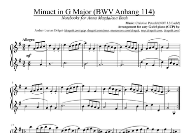 Petzold (NOT Bach!) - Minuet in G Major (BWV Anhang 114) - G-clef piano/harp (GCP/GCH) arrangement (arr. Dragoi Andrei Lucian)