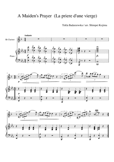 A Maiden's Prayer (La priere d'une vierge) for Bb clarinet and piano (arr. Shimpei Kojima)