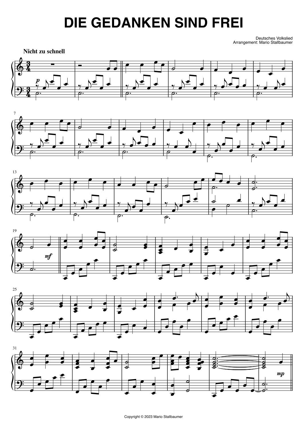 Die Gedanken sind frei (Thoughts are free) - Piano Solo (arr. Mario Stallbaumer)