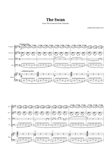 The Swan by Saint-Saëns for Brass Quartet and Piano with Chords (arr. Langanho)