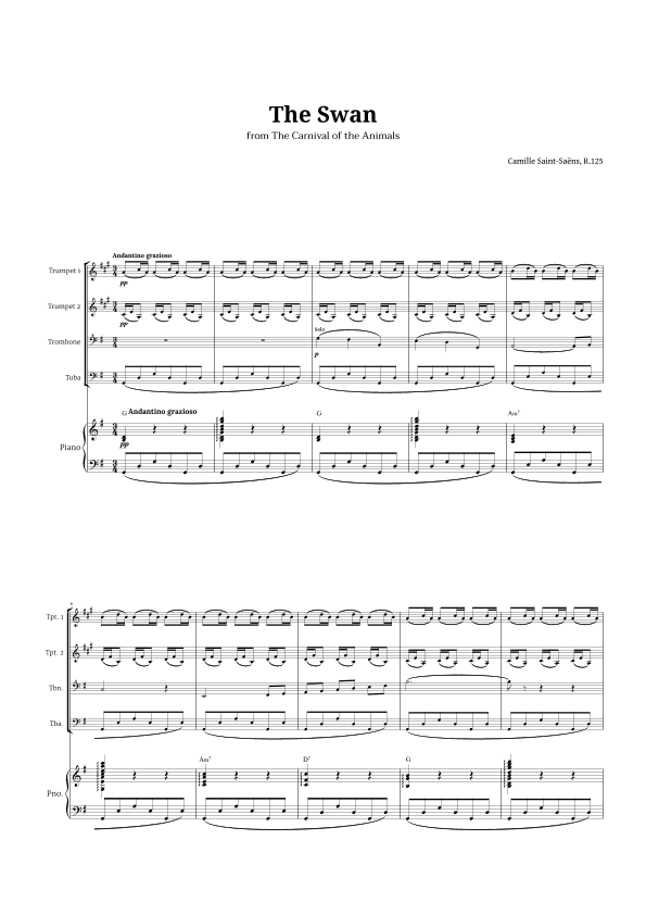 The Swan by Saint-Saëns for Brass Quartet and Piano with Chords (arr. Langanho)