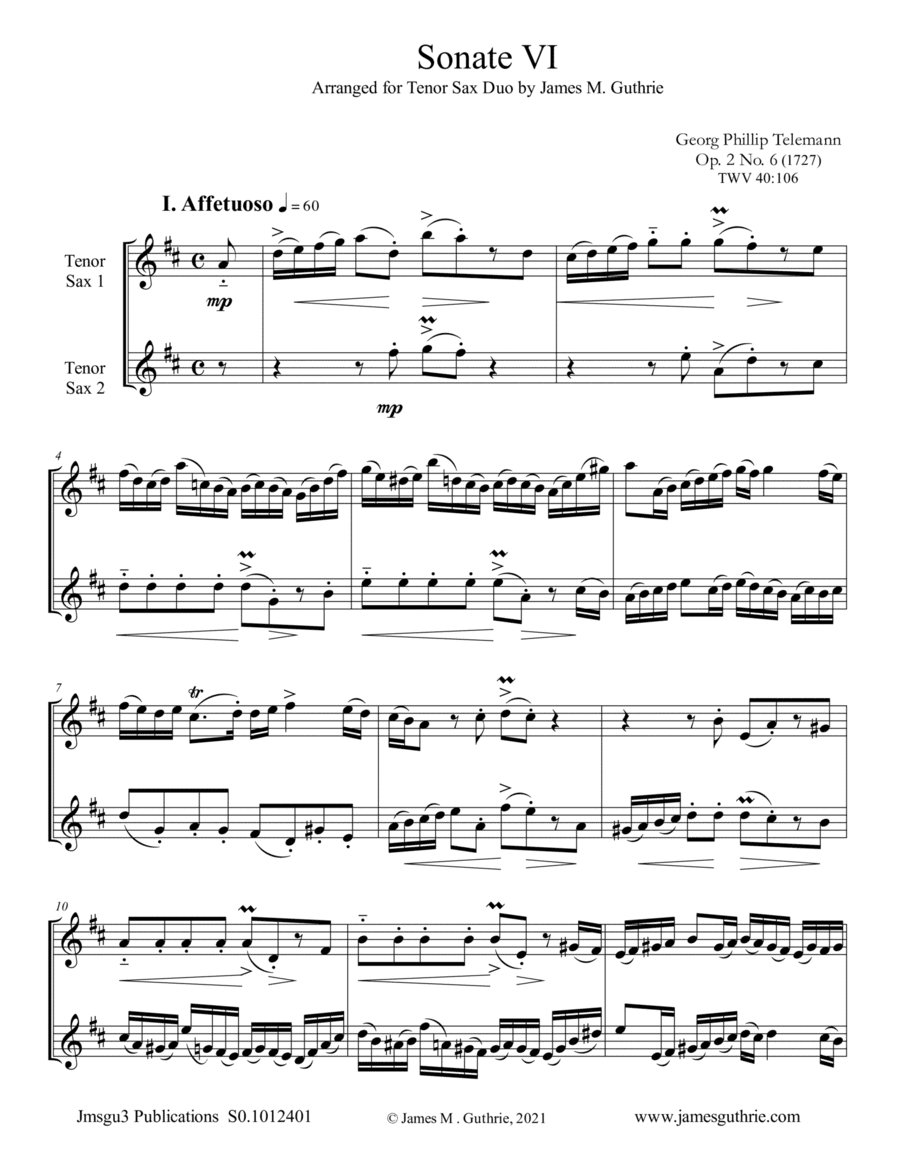 Telemann: Sonata Op. 2 No. 6 for Tenor Sax Duo (arr. James M. Guthrie)