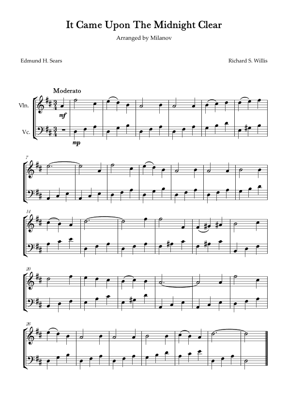 It Came Upon The Midnight Clear Violin and Cello in D Easy Intermediate (arr. Milanov)