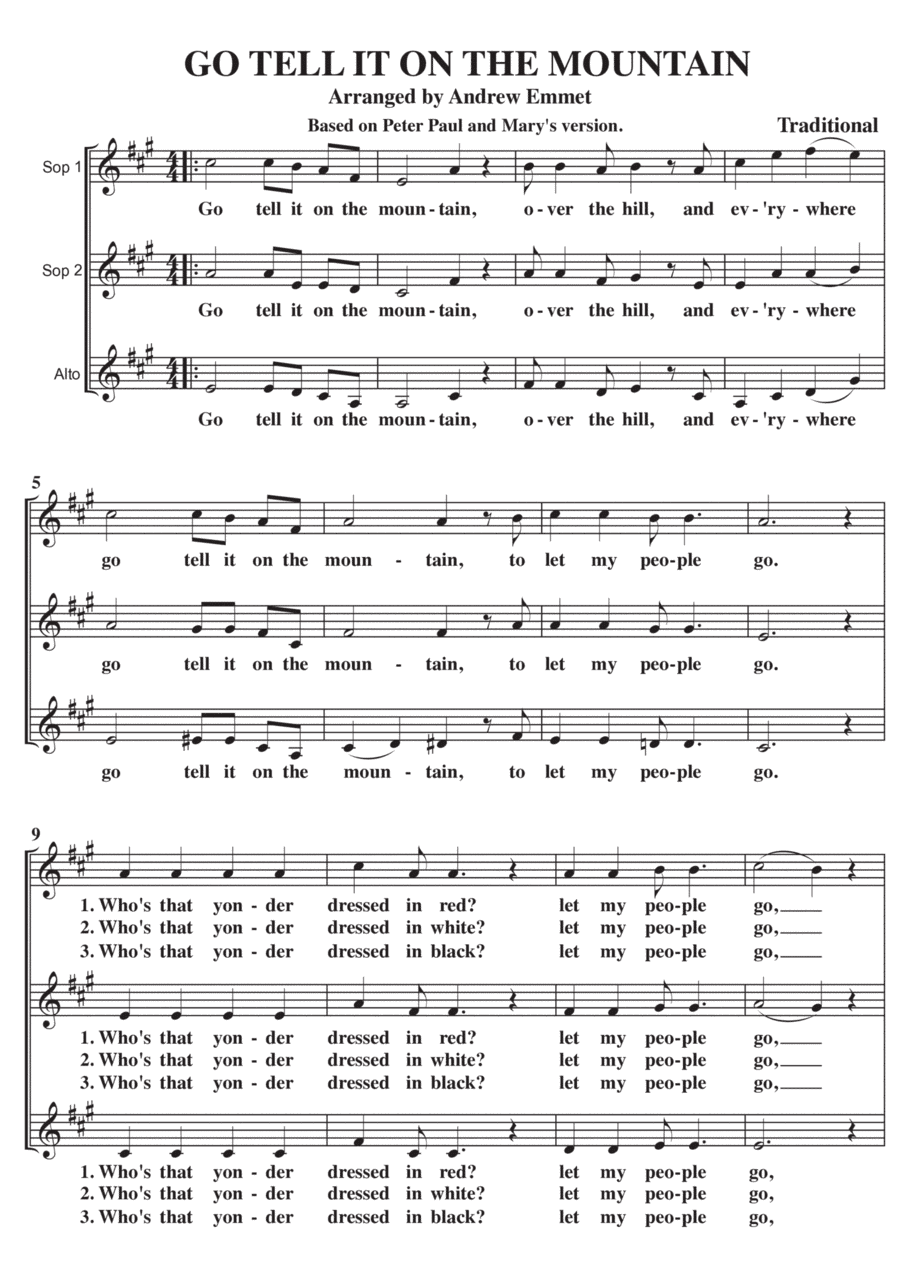 Go Tell It On The Mountain A Cappella SSA (arr. Andrew Emmet)