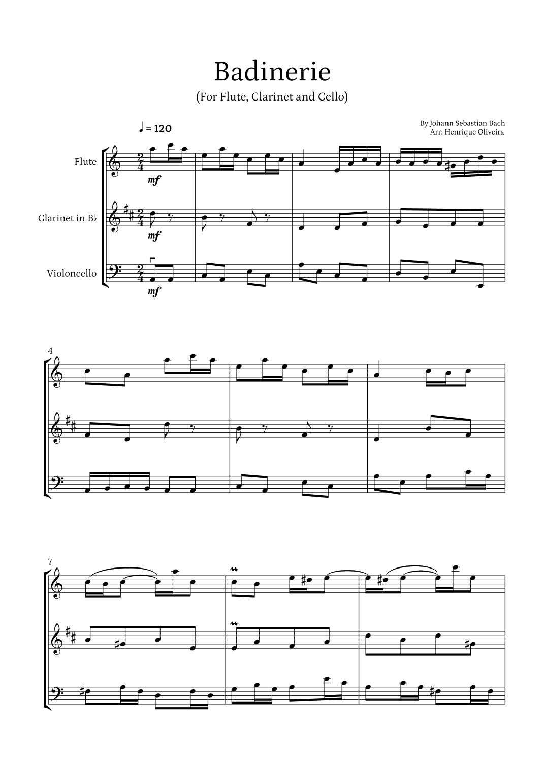 Badinerie by J. S. Bach (For Flute, Clarinet and Cello) (arr. Henrique Oliveira)