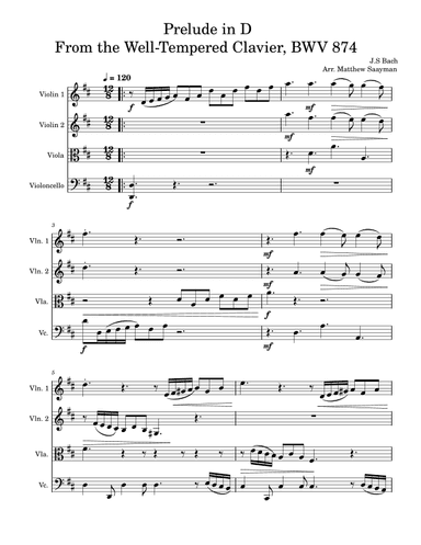 Prelude in D - Bach - BWV 874 for String Quartet (arr. Matthew Saayman)