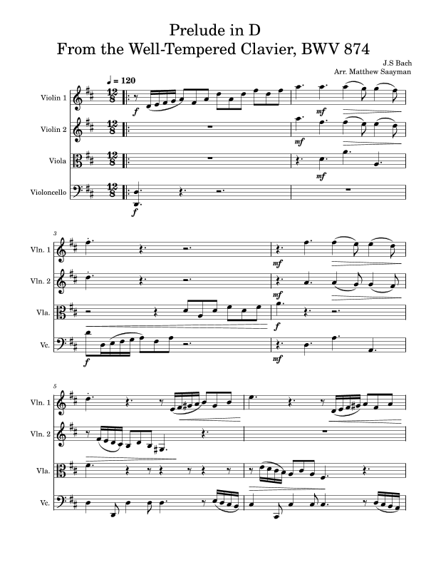 Prelude in D - Bach - BWV 874 for String Quartet (arr. Matthew Saayman)