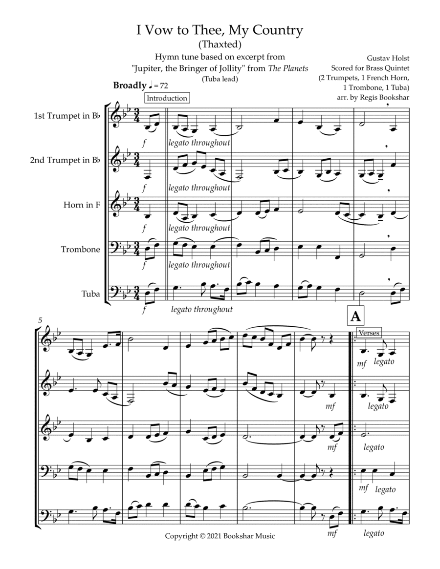 I Vow to Thee, My Country (Thaxted) (Bb) (Brass Quintet - 2 Trp, 1 Hrn, 1 Trb, 1 Tuba) (Tuba lead) (arr. Regis Bookshar)