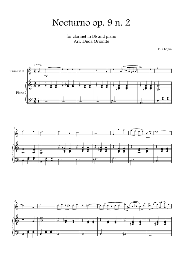 Nocturno op. 9 no. 2 (clarinet in Bb and piano - SIMPLIFIED) CHOPIN (arr. Duda Oriontte)