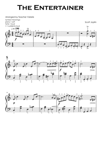 The Entertainer (Simplified Level 5) with note names and finger numbers (arr. Teacher Valarie)