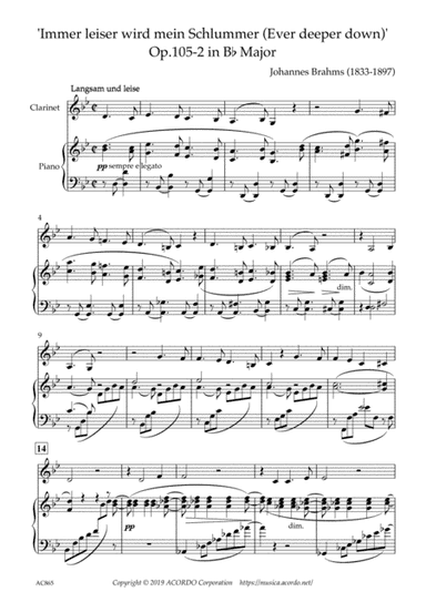 'Immer leiser wird mein Schlummer (Ever deeper down)' Op.105-2 in B-flat Major for Clarinet & Piano (arr. Kamada, Mikio)