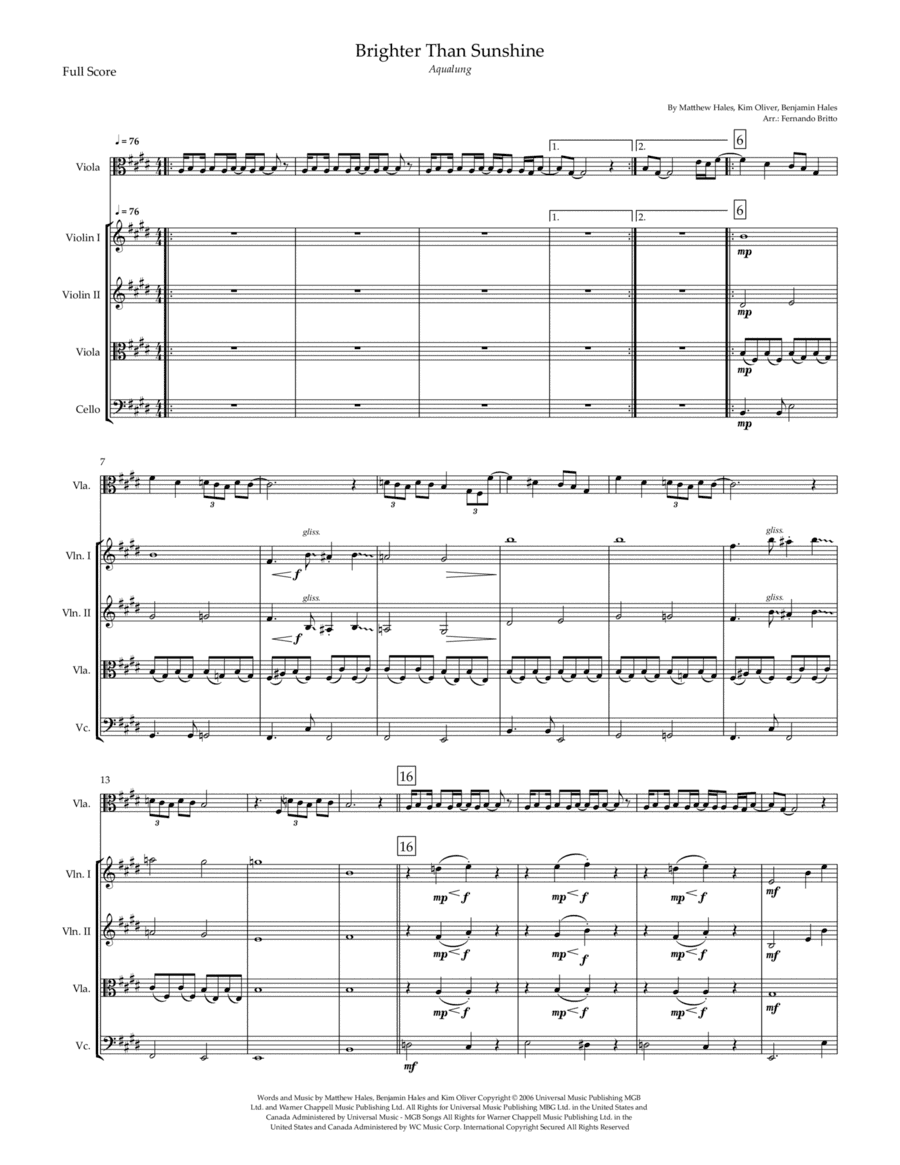 Brighter Than Sunshine (arr. Fernando Britto)