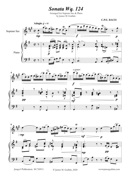 CPE BACH: Sonata in E Minor WQ124 for Soprano Sax & Piano (arr. James Guthrie, ASCAP)