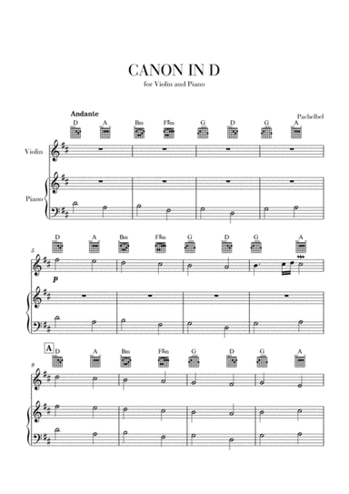 Canon in D for Violin and Very Easy Piano and Guitar Chords (arr. Cadenza Editions)