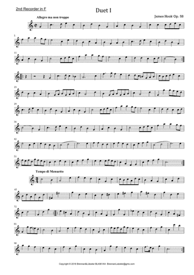James Hook, 6 Duetts op. 58 for 2 Recorders in F, 2nd part (arr. B. Brennan)