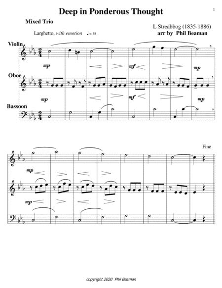 Deep in Ponderous Thought-mixed trio 2, violin, oboe, bassoon (arr. Phil Beaman)