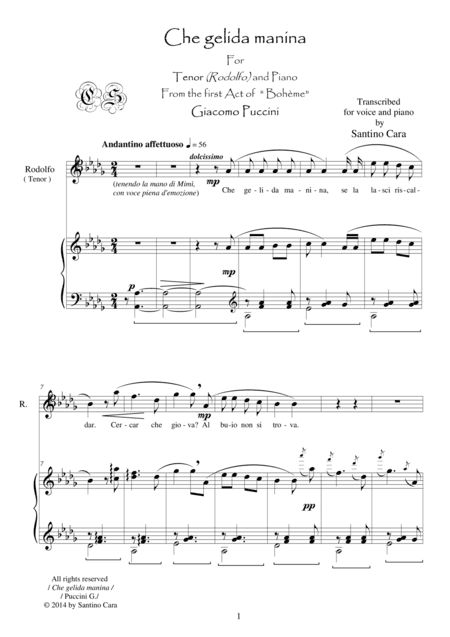 Puccini - La Bohème (Act1) Che gelida manina - Tenor and piano (arr. Santino Cara)