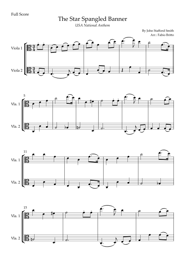 The Star Spangled Banner (USA National Anthem) for Viola Duo (arr. Fabio Britto)