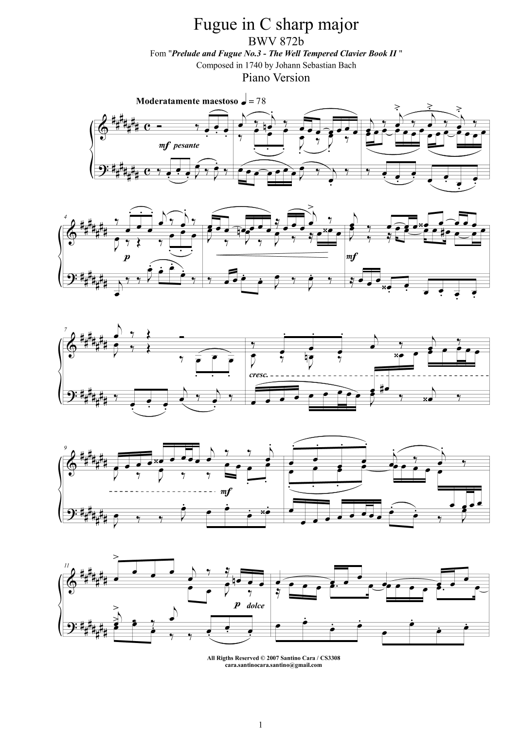 Bach - Fugue in C sharp major BWV 872b - Piano version (arr. Santino Cara)