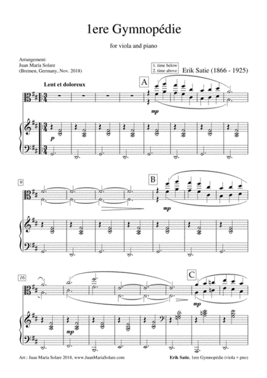 Gymnopedie no. 1 [viola + piano] (arr. Juan María Solare)