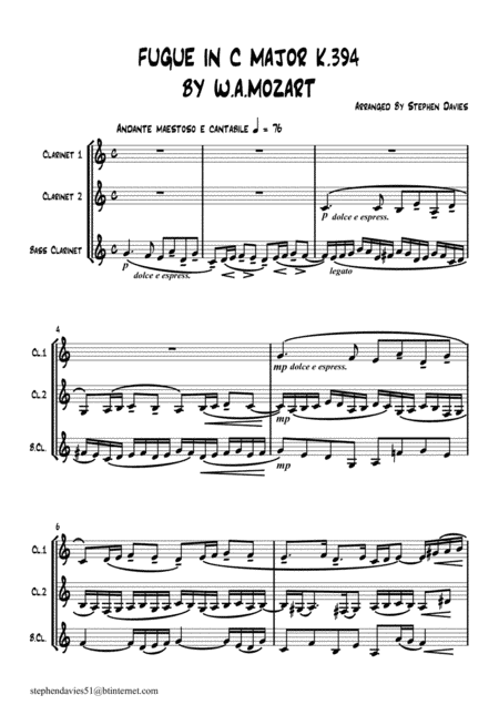 Fugue in C Major by W.A.Mozart K394 for Clarinet Trio. (arr. Stephen Davies)