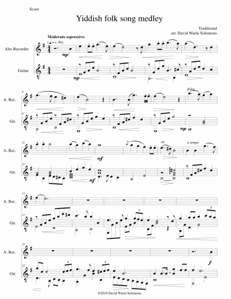 Yiddish Folk Song Medley for Alto Recorder and Guitar (arr. David Warin Solomons)