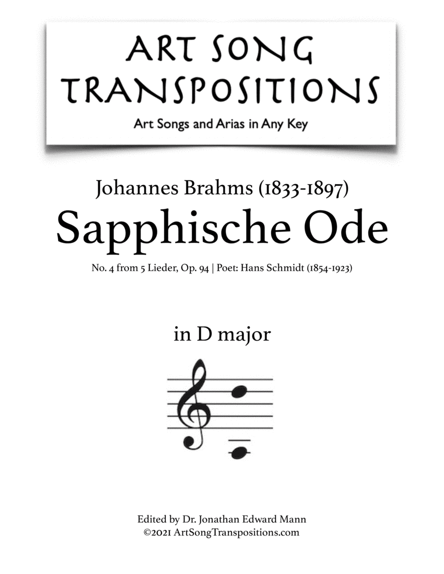 BRAHMS: Sapphische Ode, Op. 94 no. 4 (transposed to D major) (arr. ArtSongTranspositions.com)