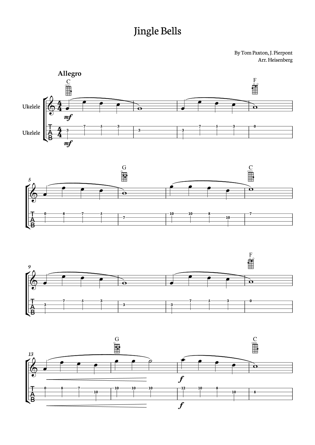 Jingle Bells for Ukelele with chords (arr. Heisenberg)