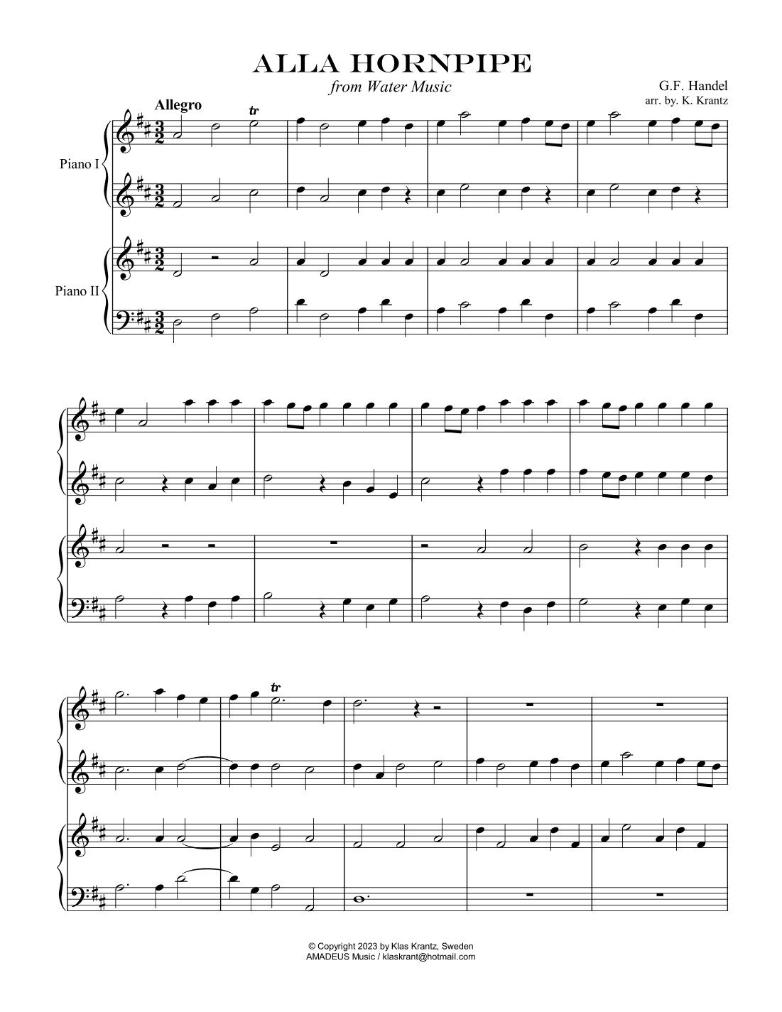 Alla Hornpipe from Water Music for easy 1 piano 4 hands (arr. K. Krantz)