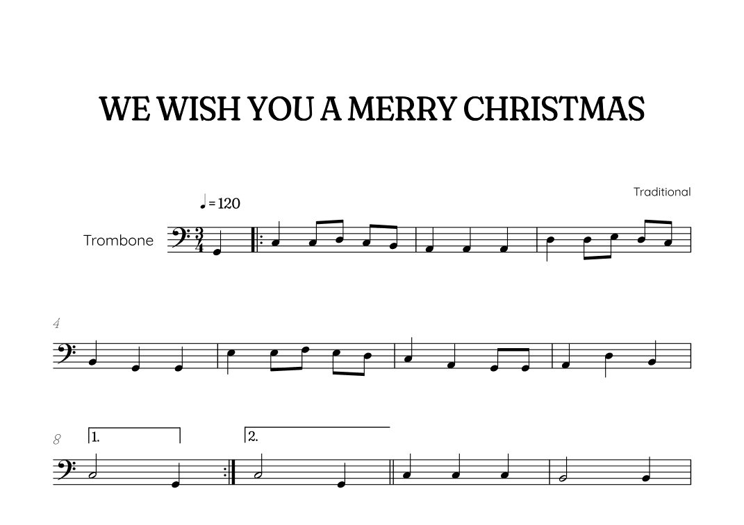 We Wish You a Merry Christmas for trombone • easy Christmas sheet music (arr. Benzaiten Editions)